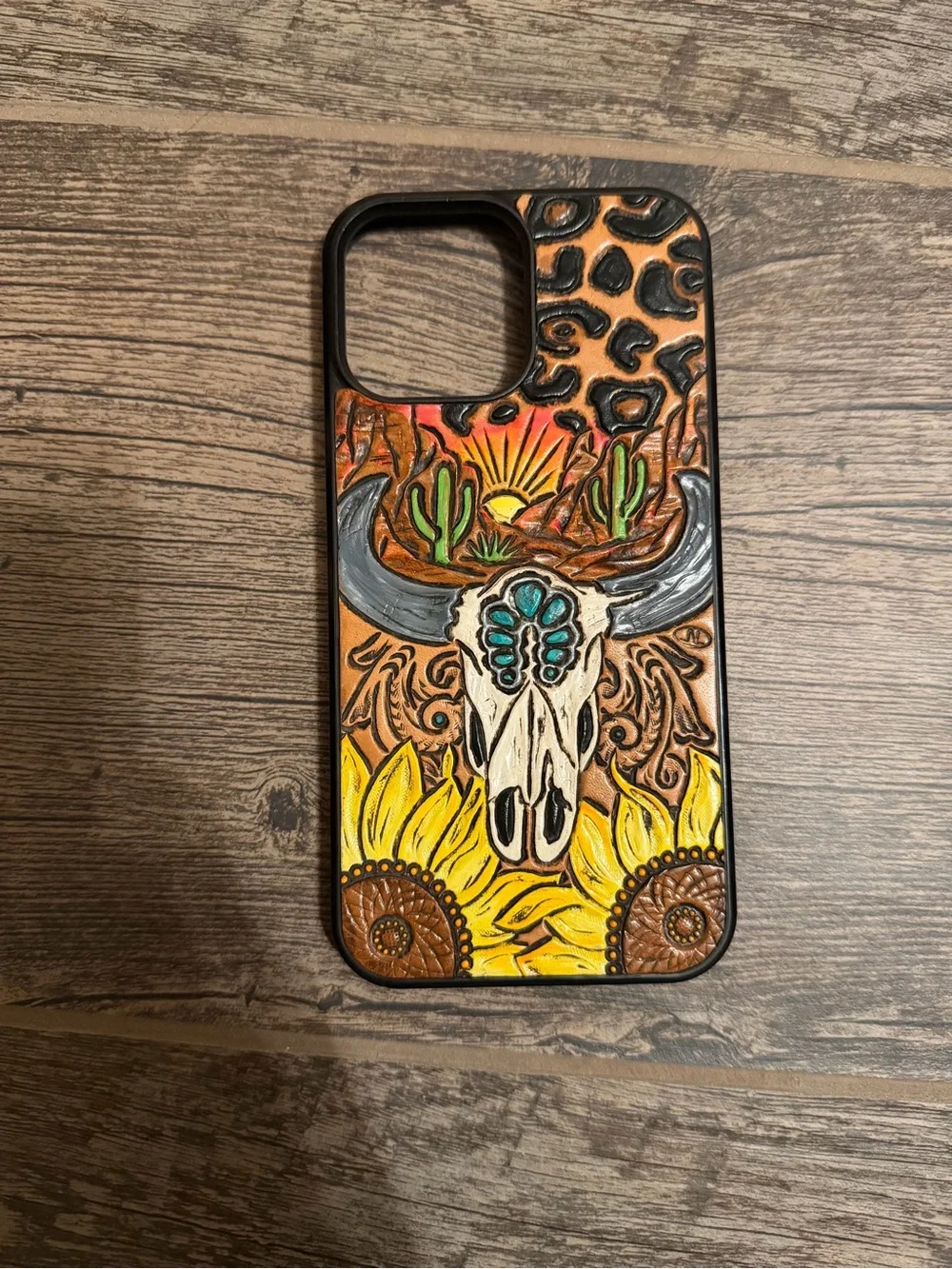 Hand Tooled Leather and Painted Southwestern Skull Iphone 13 Pro Max Case